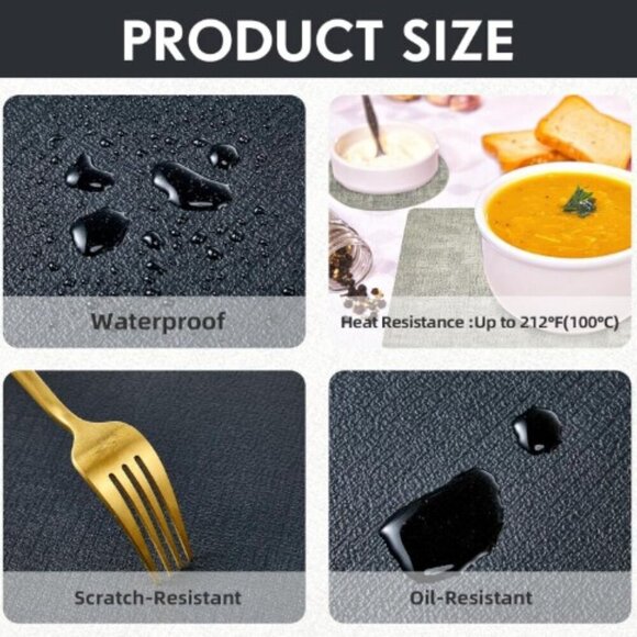 NEW 4 FAUX LEATHER PLACEMATS & COASTERS REVERSIBLE HEAT-RESISTANT BLACK & GRAY - Picture 3 of 13